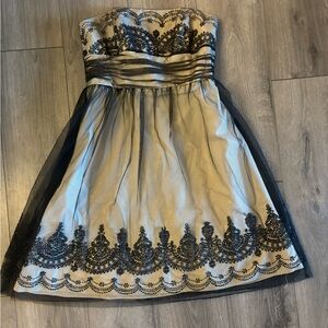 Elegant Strapless Dress with Black Lace Overlay
